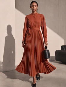 SHEIN Veneréa Women's Solid Color Long Sleeve Button Half-Placket Pleated Hem Long Dress - Brown - View 1