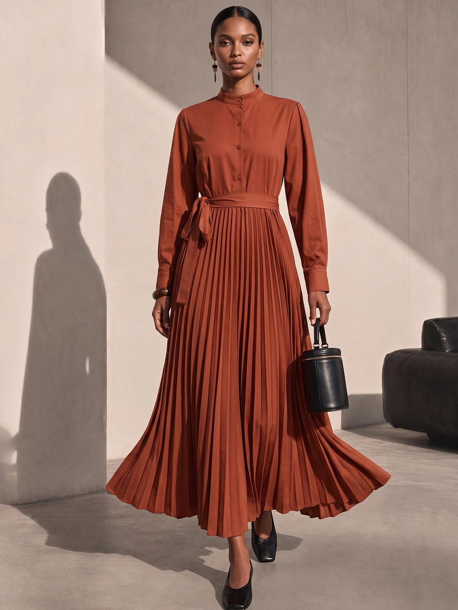 SHEIN Veneréa Women's Solid Color Long Sleeve Button Half-Placket Pleated Hem Long Dress - Brown - View 1