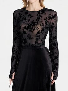 Breakform Gothic Women's Round Neck Black Flocked Mesh Long Sleeve Cropped Top - Black - View 4