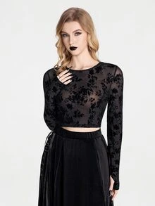 Breakform Gothic Women's Round Neck Black Flocked Mesh Long Sleeve Cropped Top - Black - View 6