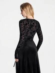 Breakform Gothic Women's Round Neck Black Flocked Mesh Long Sleeve Cropped Top - Black - View 2