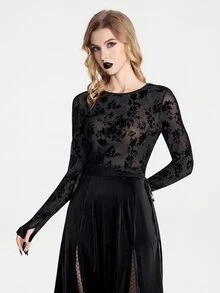 Breakform Gothic Women's Round Neck Black Flocked Mesh Long Sleeve Cropped Top - Black - View 5