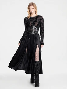 Breakform Gothic Women's Round Neck Black Flocked Mesh Long Sleeve Cropped Top - Black - View 3
