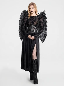 Breakform Gothic Women's Round Neck Black Flocked Mesh Long Sleeve Cropped Top - Black - View 1