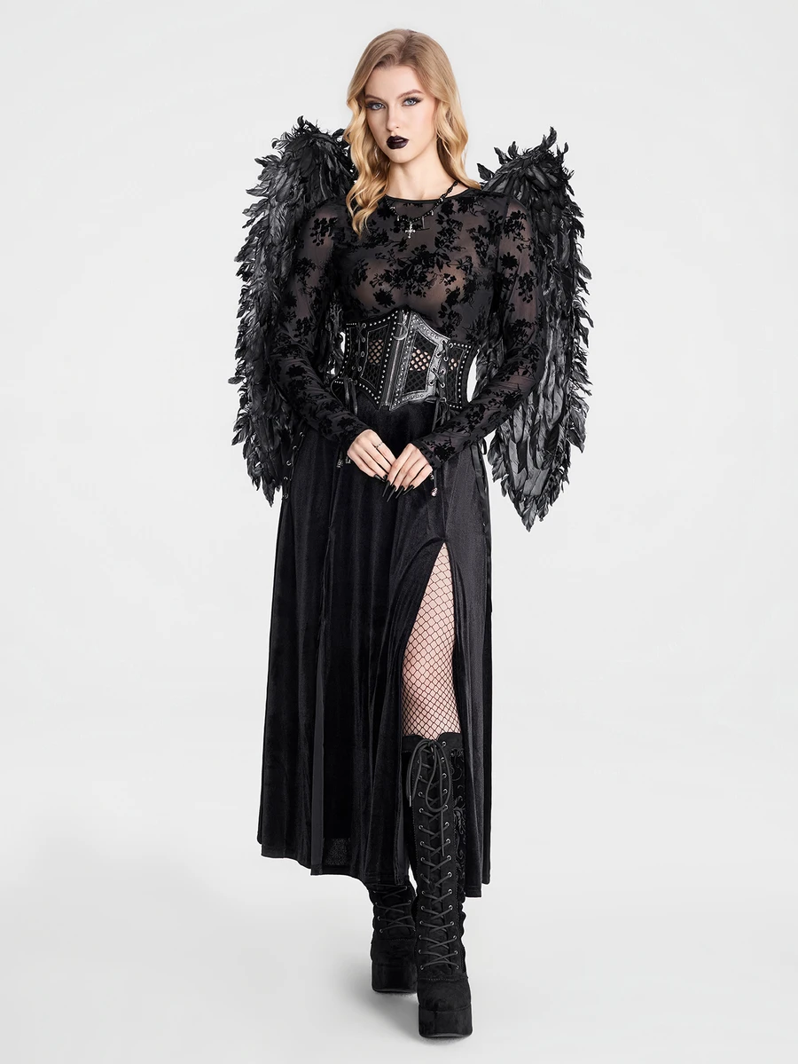 Breakform Gothic Women's Round Neck Black Flocked Mesh Long Sleeve Cropped Top - Black - View 1