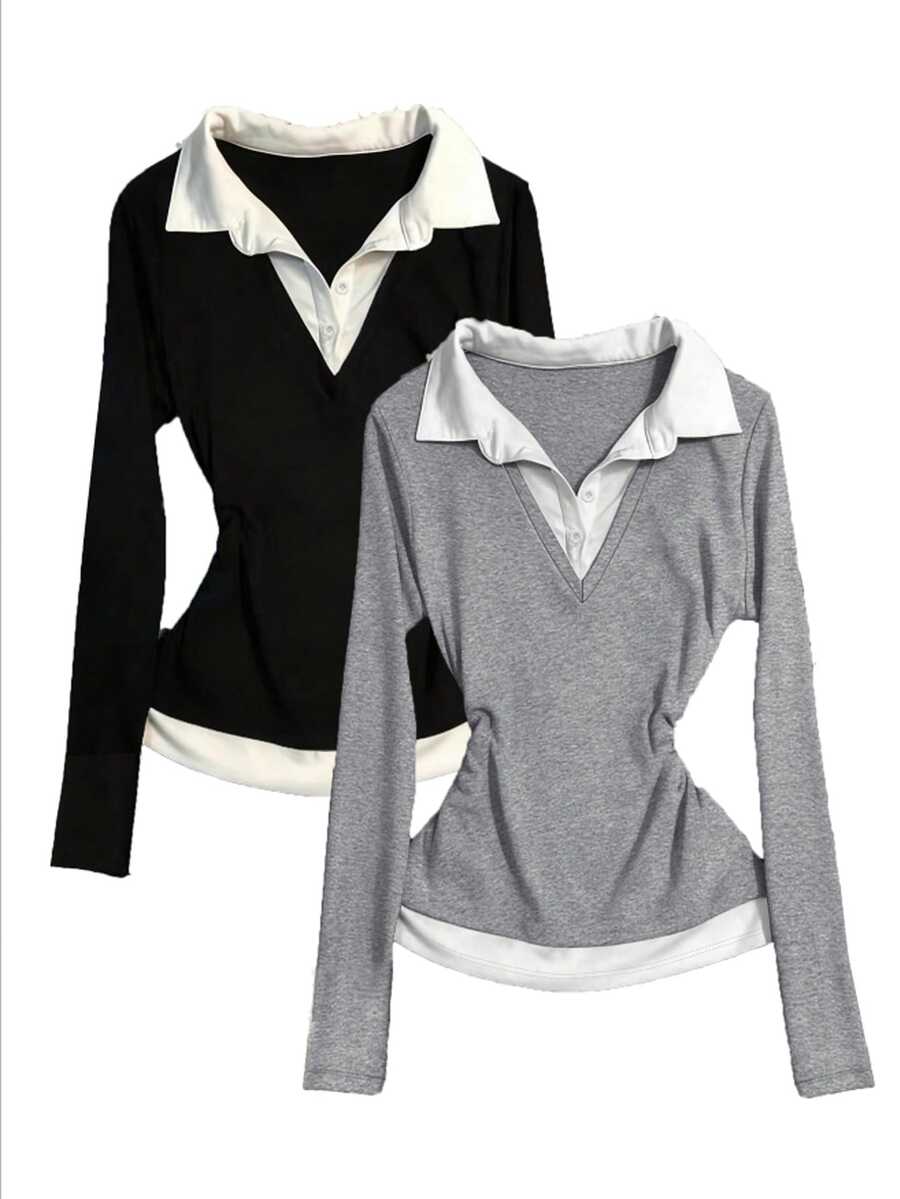 IslaSuriya Women's Patchwork Shirt Collar 2 In 1 Long Sleeve Casual Top - Multicolor - View 1