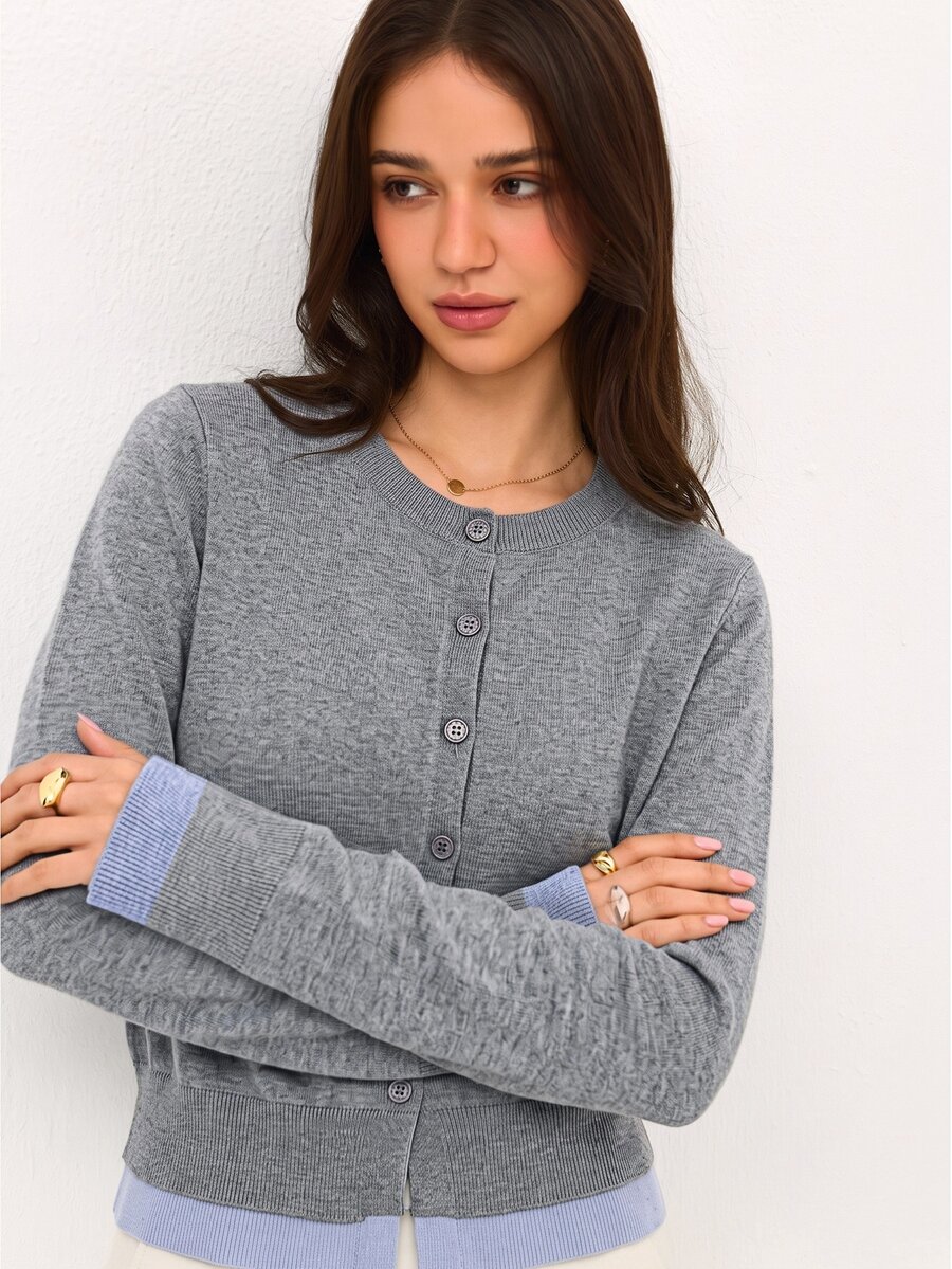 Pariaura Contrast Color Cardigan 2 In 1 Crew Neck Loose Casual Basic Knit Sweater, Long Sleeve Tops Fall Winter Cloth For Women - Grey - View 1