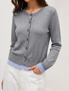 Pariaura Contrast Color Cardigan 2 In 1 Crew Neck Loose Casual Basic Knit Sweater, Long Sleeve Tops Fall Winter Cloth For Women - Grey - View 5