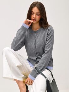 Pariaura Contrast Color Cardigan 2 In 1 Crew Neck Loose Casual Basic Knit Sweater, Long Sleeve Tops Fall Winter Cloth For Women - Grey - View 2