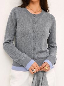 Pariaura Contrast Color Cardigan 2 In 1 Crew Neck Loose Casual Basic Knit Sweater, Long Sleeve Tops Fall Winter Cloth For Women - Grey - View 6