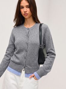 Pariaura Contrast Color Cardigan 2 In 1 Crew Neck Loose Casual Basic Knit Sweater, Long Sleeve Tops Fall Winter Cloth For Women - Grey - View 3