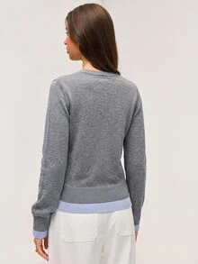 Pariaura Contrast Color Cardigan 2 In 1 Crew Neck Loose Casual Basic Knit Sweater, Long Sleeve Tops Fall Winter Cloth For Women - Grey - View 4