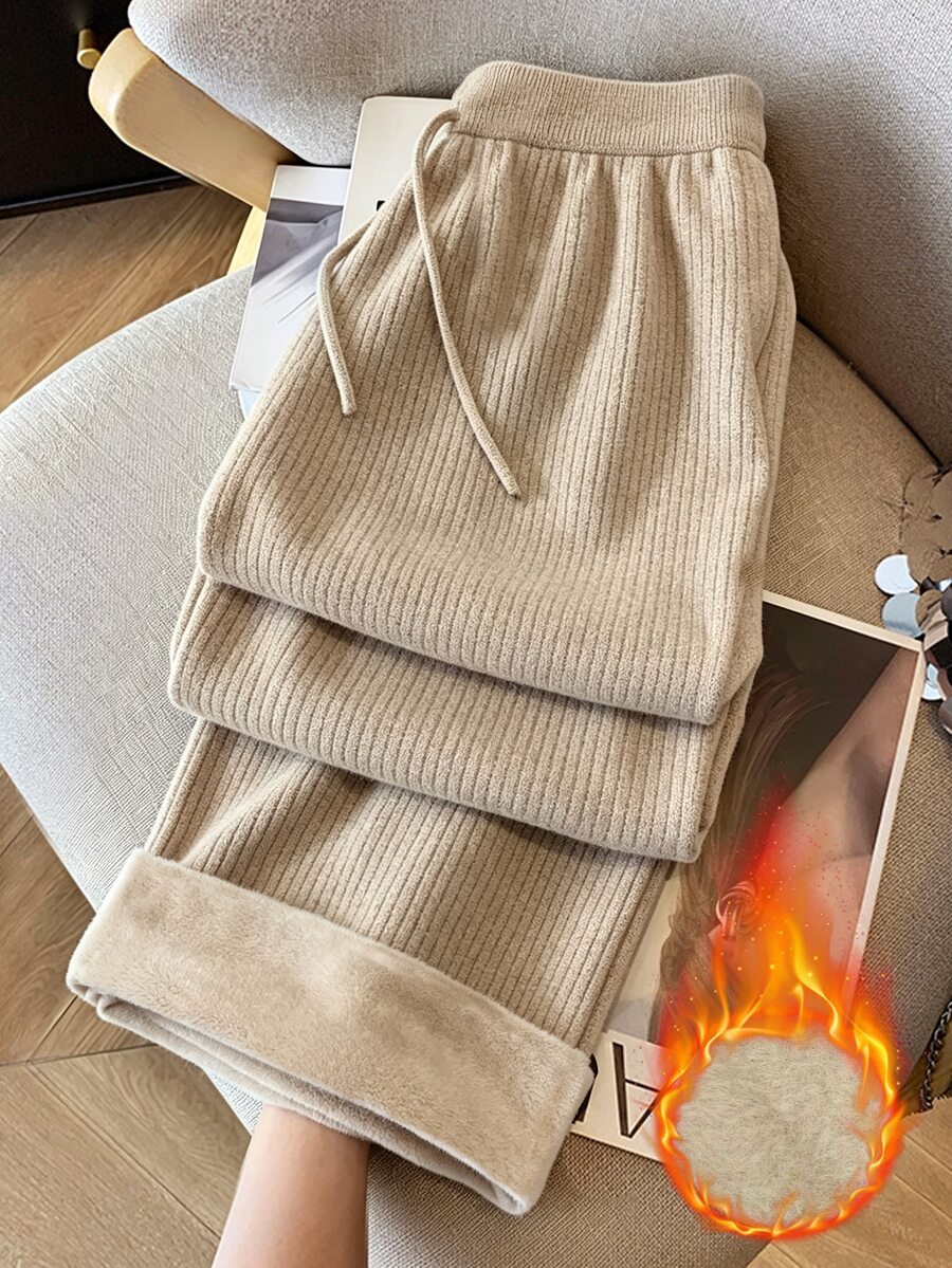 SHEIN PariChic Celana Panjang Rajut Bergaris Kasual Musim Gugur/Dingin, Berlapisan Termal, Warna Cokelat Muda - Khaki - View 1