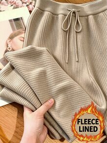 SHEIN PariChic Celana Panjang Rajut Bergaris Kasual Musim Gugur/Dingin, Berlapisan Termal, Warna Cokelat Muda - Khaki - View 4