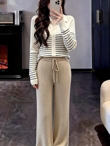 SHEIN PariChic Celana Panjang Rajut Bergaris Kasual Musim Gugur/Dingin, Berlapisan Termal, Warna Cokelat Muda - Khaki - View 3
