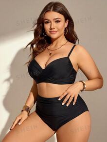 SHEIN Swim 大尺碼女款 2 件組吊帶上衣純色聚攏胸部時尚極簡分體泳衣度假套裝 - 黑色 - 查看 6