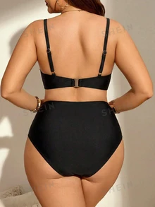 SHEIN Swim 大尺碼女款 2 件組吊帶上衣純色聚攏胸部時尚極簡分體泳衣度假套裝 - 黑色 - 查看 3