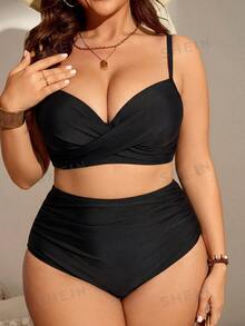 SHEIN Swim 大尺碼女款 2 件組吊帶上衣純色聚攏胸部時尚極簡分體泳衣度假套裝 - 黑色 - 查看 5