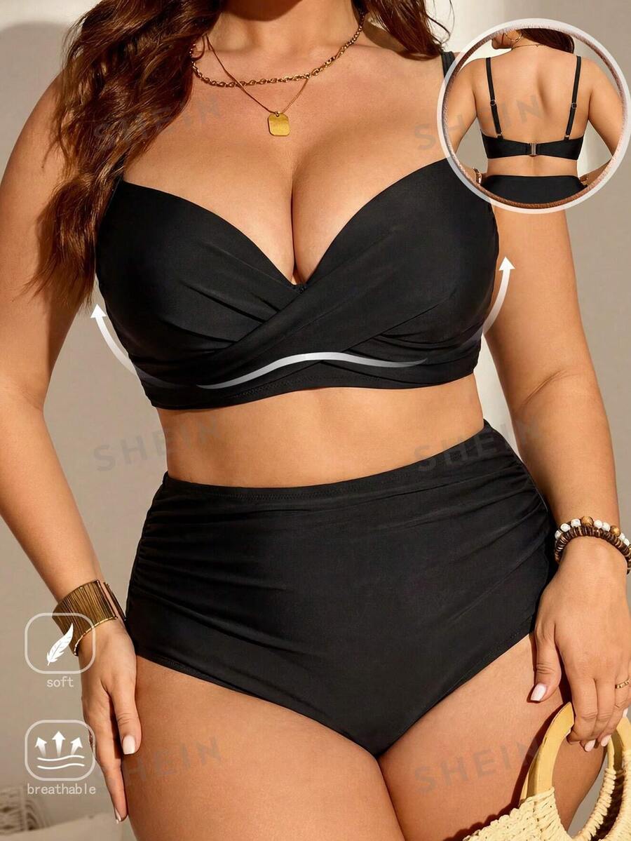 SHEIN Swim 大尺碼女款 2 件組吊帶上衣純色聚攏胸部時尚極簡分體泳衣度假套裝