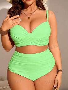 SHEIN Swim Curve 2件組大尺碼女款素色抓皺細肩帶泳衣上衣與泳褲套裝，時尚簡約，適合夏季海灘度假 - 綠色 - 查看 6