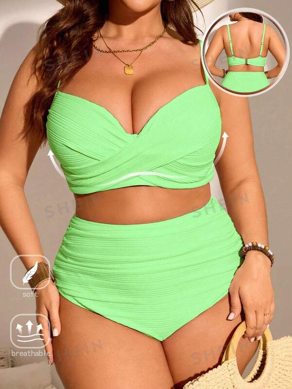 SHEIN Swim Curve 2pcs Plus Size Women Solid Color Gathered Spaghetti Strap Top & Bottoms Swimwear Set, Fashionable & Minimalist For Summer Beach Vacation