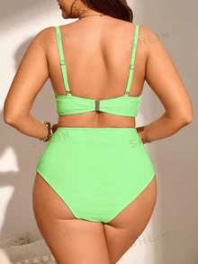 SHEIN Swim Curve 2件組大尺碼女款素色抓皺細肩帶泳衣上衣與泳褲套裝，時尚簡約，適合夏季海灘度假 - 綠色 - 查看 3