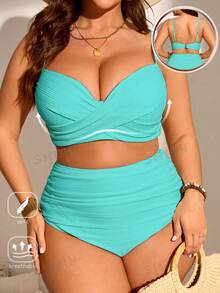 Slaydiva 2Pcs Plus Size Women Solid Padded Camisole Style Split Swimwear Holiday Set For Summer Beach Vacation - Blue - View 1