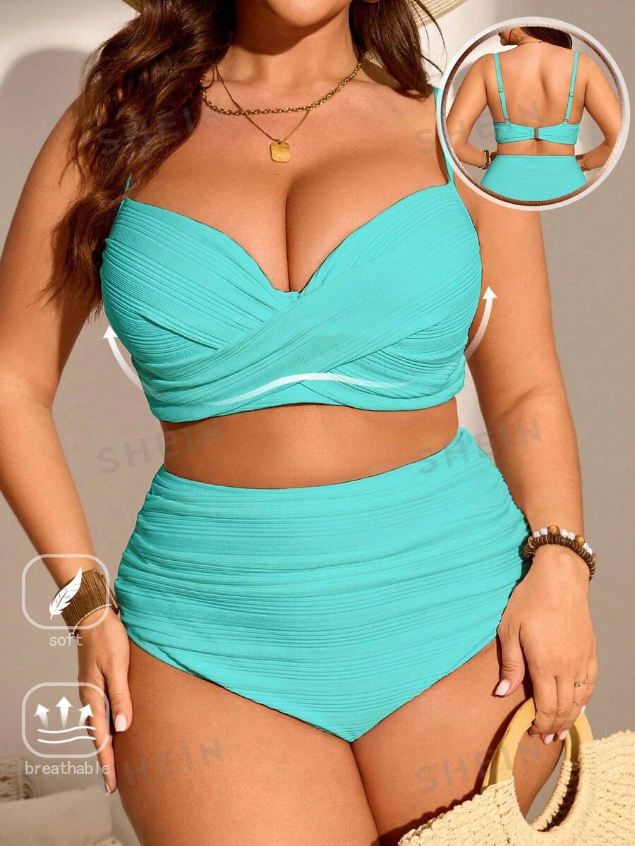 Slaydiva 2Pcs Plus Size Women Solid Padded Camisole Style Split Swimwear Holiday Set For Summer Beach Vacation - Blue - View 1
