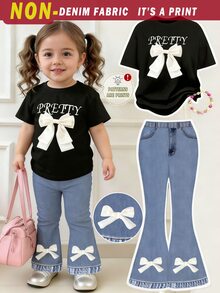 Elladie kids 春夏休闲时尚创意可爱简约白色蝴蝶结牛仔布字母印花T恤和喇叭裤套装，舒适温暖的夏秋款式，适合女童，节日氛围装扮 - 彩色 - 查看 4