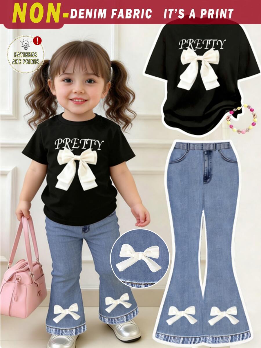 Elladie kids 春夏休闲时尚创意可爱简约白色蝴蝶结牛仔布字母印花T恤和喇叭裤套装,舒适温暖的夏秋款式,适合女童,节日氛围装扮 - 彩色 - 查看 1