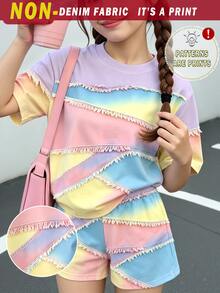 (1 Set) Girls' Fresh Fashion Casual Minimalist Colorful Patchwork Pattern Basic Short T-Shirt And Shorts, Summer Daily Outfit - Multicolor - View 3