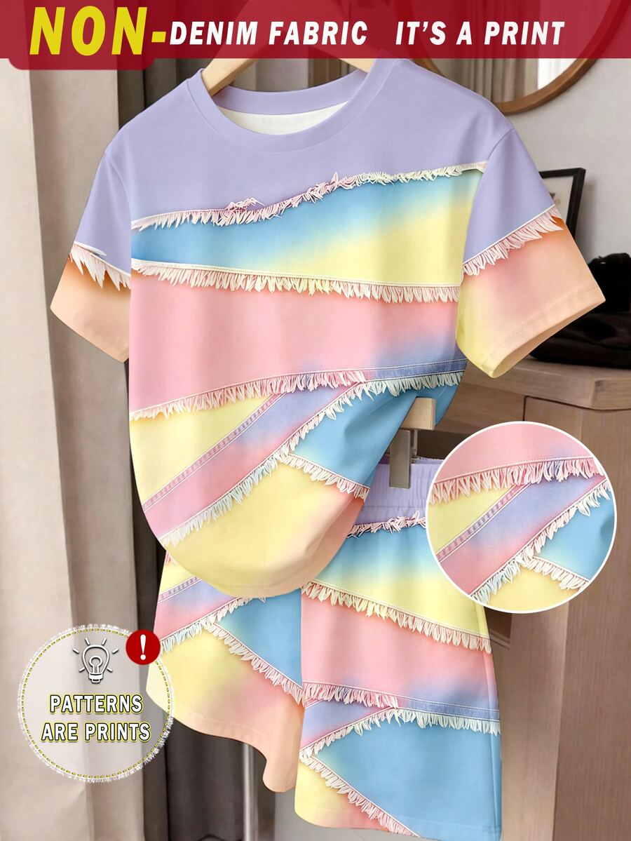 (1 Set) Girls' Fresh Fashion Casual Minimalist Colorful Patchwork Pattern Basic Short T-Shirt And Shorts, Summer Daily Outfit - Multicolor - View 1