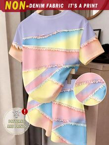 (1 Set) Girls' Fresh Fashion Casual Minimalist Colorful Patchwork Pattern Basic Short T-Shirt And Shorts, Summer Daily Outfit - Multicolor - View 2