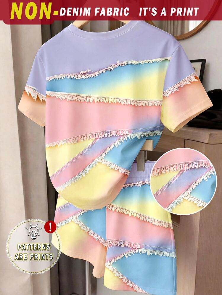 (1 Set) Girls' Fresh Fashion Casual Minimalist Colorful Patchwork Pattern Basic Short T-Shirt And Shorts, Summer Daily Outfit - Multicolor - View 2