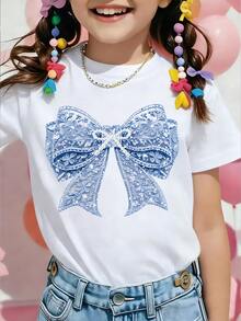 Elladie kids 1件少女可愛蝴蝶結印花針織圓領短袖T恤，時尚夏季校園返校度假休閒上衣，SS26 - 白色 - 查看 4