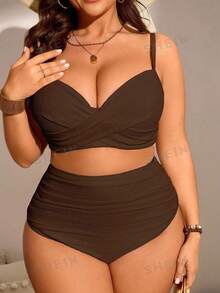 SHEIN Swim طقم بيكيني سباحة نسائي مقاس كبير 2 قطعة بلون موحد مع حمالات مجعدة، تصميم عصري بسيط، ملابس عطلة صيفية - قهوة بني - مشاهدة 7