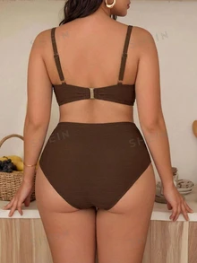 SHEIN Swim طقم بيكيني سباحة نسائي مقاس كبير 2 قطعة بلون موحد مع حمالات مجعدة، تصميم عصري بسيط، ملابس عطلة صيفية - قهوة بني - مشاهدة 3