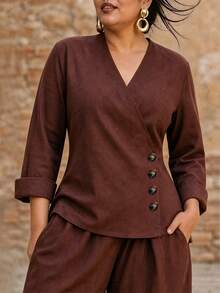 Linhara CURVE Elegant Versatile V-Neck Asymmetric Button Long Sleeve Top And Loose Long Sleeve Pants With Pockets 2 Pieces Set Fall - Brown - View 6