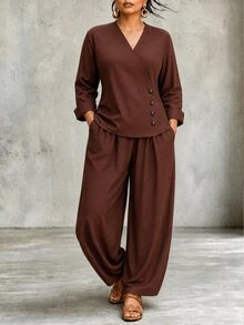 Linhara CURVE Elegant Versatile V-Neck Asymmetric Button Long Sleeve Top And Loose Long Sleeve Pants With Pockets 2 Pieces Set Fall - Brown - View 1