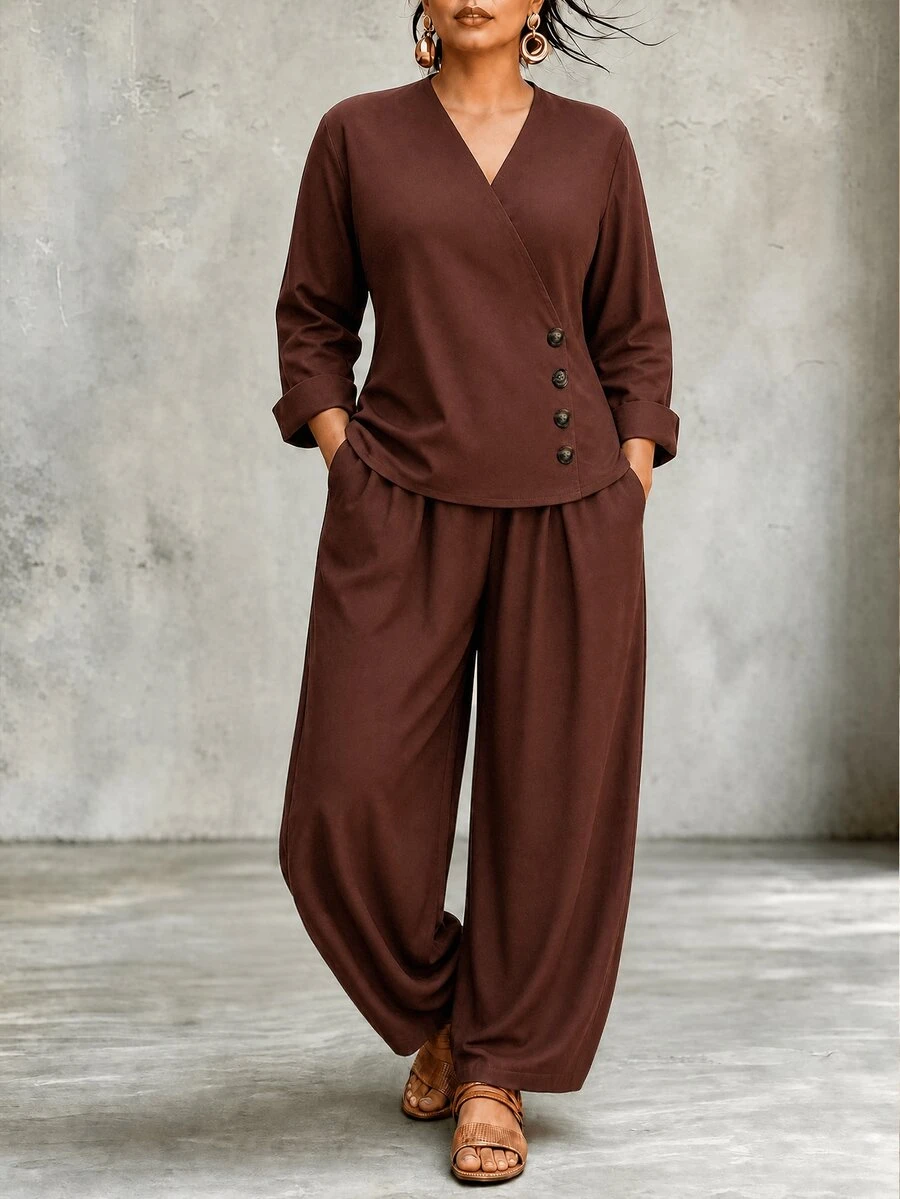 Linhara CURVE Elegant Versatile V-Neck Asymmetric Button Long Sleeve Top And Loose Long Sleeve Pants With Pockets 2 Pieces Set Fall - Brown - View 1
