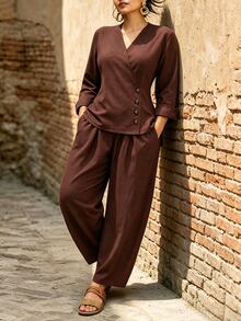 Linhara CURVE Elegant Versatile V-Neck Asymmetric Button Long Sleeve Top And Loose Long Sleeve Pants With Pockets 2 Pieces Set Fall - Brown - View 4