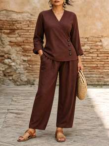 Linhara CURVE Elegant Versatile V-Neck Asymmetric Button Long Sleeve Top And Loose Long Sleeve Pants With Pockets 2 Pieces Set Fall - Brown - View 5