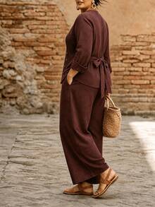 Linhara CURVE Elegant Versatile V-Neck Asymmetric Button Long Sleeve Top And Loose Long Sleeve Pants With Pockets 2 Pieces Set Fall - Brown - View 3