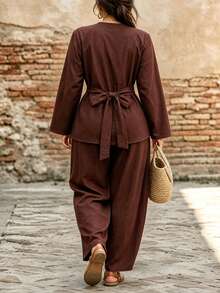 Linhara CURVE Elegant Versatile V-Neck Asymmetric Button Long Sleeve Top And Loose Long Sleeve Pants With Pockets 2 Pieces Set Fall - Brown - View 2