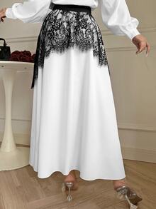 Modelyn Black And White Color Block Eyelash Lace Patchwork Double Layer Design Flared Skirt Slimming Elegant Women's Skirt - Black and White - View 2
