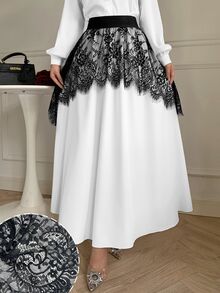 Modelyn Black And White Color Block Eyelash Lace Patchwork Double Layer Design Flared Skirt Slimming Elegant Women's Skirt - Black and White - View 3