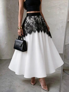 Modelyn Black And White Color Block Eyelash Lace Patchwork Double Layer Design Flared Skirt Slimming Elegant Women's Skirt - Black and White - View 1