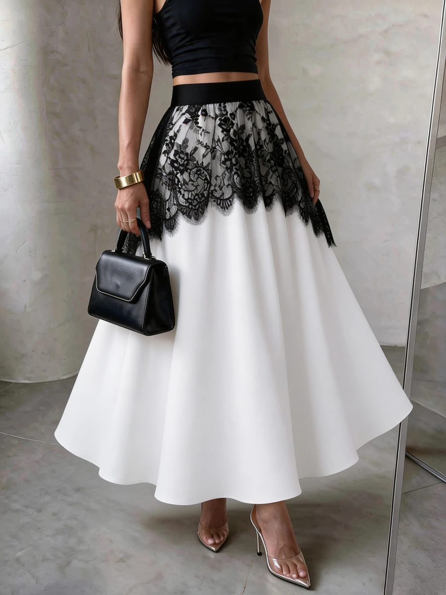 Modelyn Black And White Color Block Eyelash Lace Patchwork Double Layer Design Flared Skirt Slimming Elegant Women's Skirt - Black and White - View 1