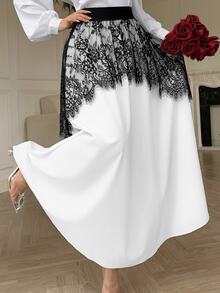 Modelyn Black And White Color Block Eyelash Lace Patchwork Double Layer Design Flared Skirt Slimming Elegant Women's Skirt - Black and White - View 5