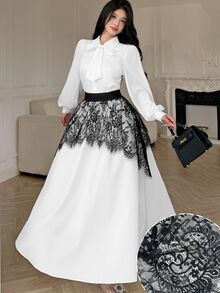 Modelyn Black And White Color Block Eyelash Lace Patchwork Double Layer Design Flared Skirt Slimming Elegant Women's Skirt - Black and White - View 4